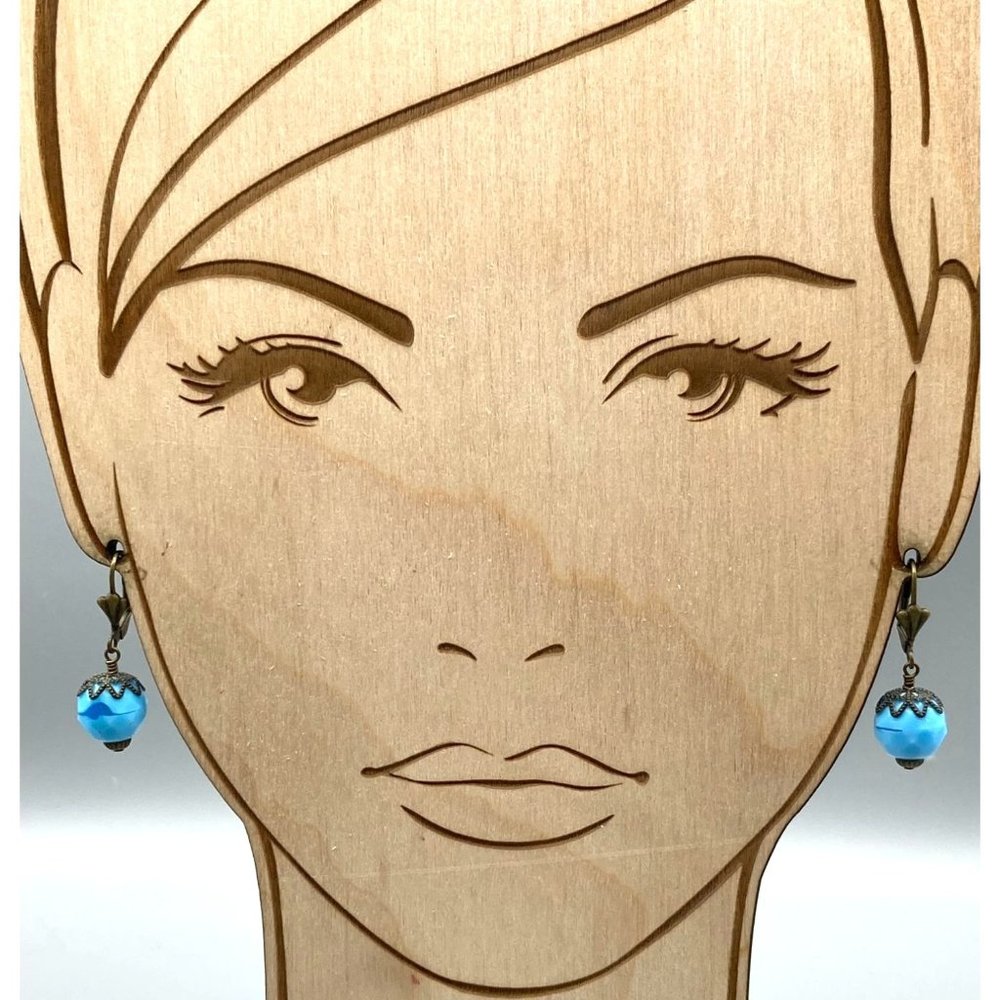 Bright Blue Bead Dangle Earrings, Vintage Bronzed Clip Ons with Art Glass